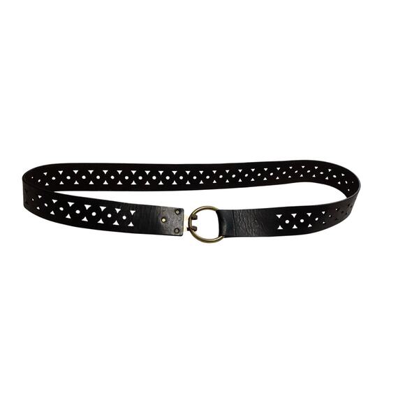 Lauren Ralph Lauren Black Leather Geometric Laser Cut Belt Brass claw Buckle XL main image 5